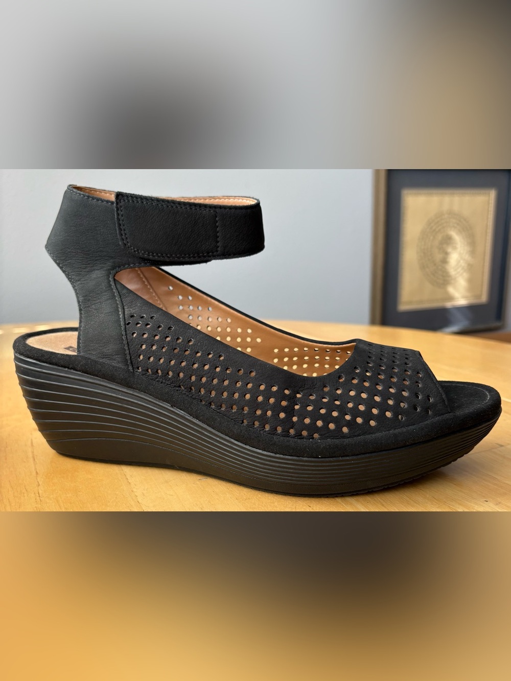 Clark’s Collection Reedly Salene Black Perforated Wedge Sandals w Ankle Strap 9 - Picture 11 of 12